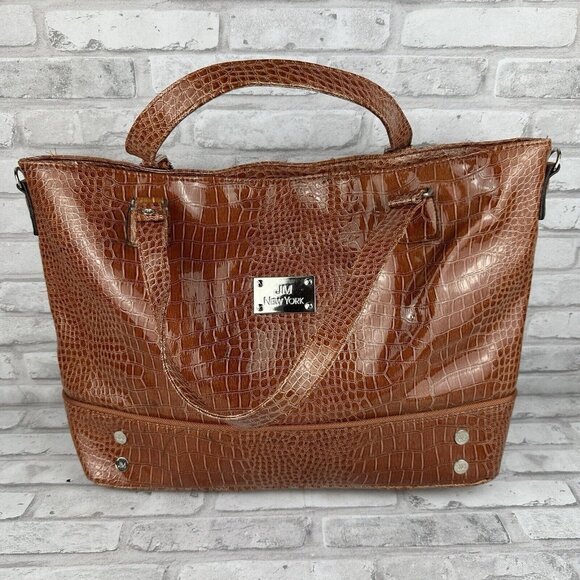 JM New York XL Large Tote Laptop Travel Tech Case Bag BROWN Faux Croc Computer - Picture 1 of 4